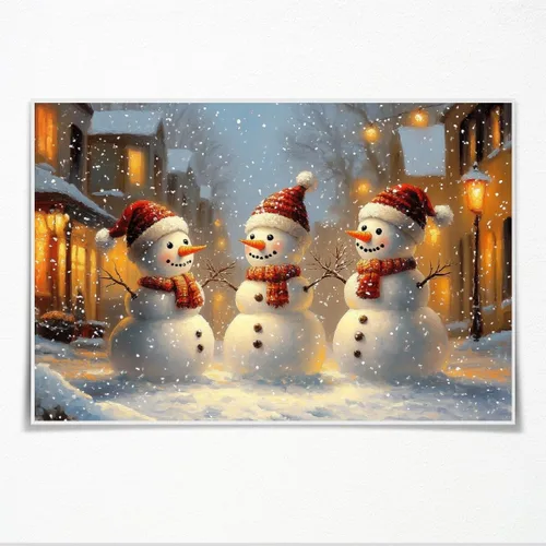 Decoración de Pared de Muñeco de Nieve Navideño Impresiones de Pared de Invierno Navidad Pueblo Festivo Arte de Pared en Lienzo Linda Familia de