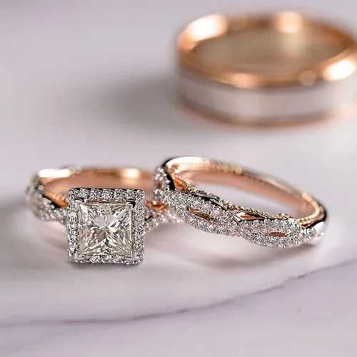 Vista 3 de Engagement rings for couples set,3 pc His and Her Wedding Ring Set, Hypoallergenic Rose Gold Ring Set, Cubic Zirconia Bride Promise Rings Set