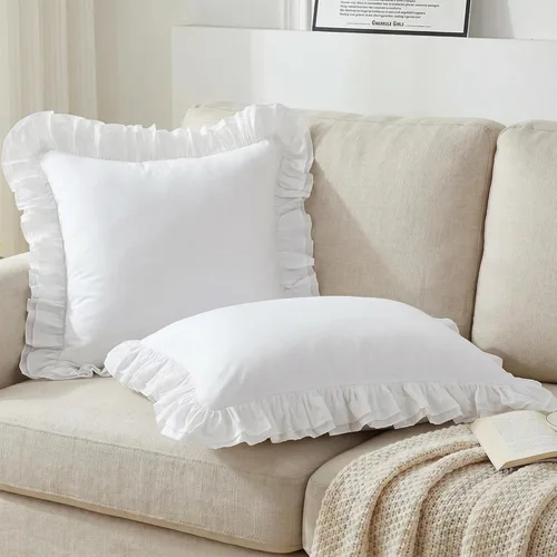 Vista 3 de Lemfux Juego de 2 fundas de almohada blancas con volantes, de 20 x 20 pulgadas, fundas de almohada cuadradas decorativas de estilo rústico