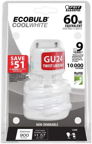 Vista 2 de Feit Electric 60W Equivalent CFL Twist Light Bulb on GU24 Base, Non-Dimmable, 900 Lumens, 10K Life Hours, 4100K Cool White, 6 Pack