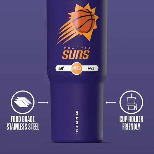 Vista 4 de Hydrapeak x NBA Vaso Nomad con Licencia Oficial de Phoenix Suns de 32 oz con Asa y Tapa con Popote, Botella de Agua de Acero Inoxidable a Prueba