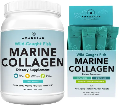 AMANDEAN Marine Collagen Duo. Recipiente de 17.64 oz + 30 paquetes de viaje. Péptidos de colágeno hidrolizados para piel, cabello y uñas.