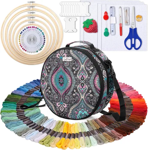 Vista 8 de LoDrid Kit de bordado, bolsa de almacenamiento redonda de doble capa con kit completo de herramientas de punto de cruz, kits de iniciación
