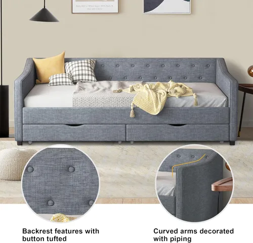 Vista 4 de Ball & Cast Sofá cama tamaño individual con dos cajones y tapizado en lino, estructura de cama de madera con respaldo copetado con botones y brazos