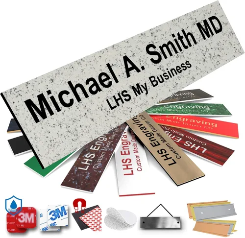 Vista 36 de Placas de identificación grabadas para letrero de puerta, placa de plástico azul claro personalizada con letras blancas, fabricadas en Estados