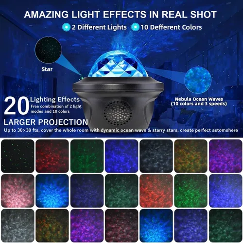 Vista 9 de 20 Efectos de Iluminación Proyector de Galaxia, Altavoz de Música de Gran Proyección, Luz de Galaxia con Control Remoto, Proyector de Luz Nocturna