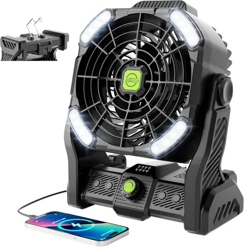 Vista 9 de Ventilador recargable portátil de 20000 mAh, ventilador inalámbrico de 270 ° con linterna LED, ventiladores de campamento USB a pilas para tienda