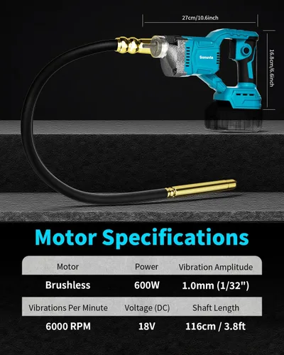 Vista 2 de Herramienta vibradora de hormigón inalámbrica compatible con Makita batería de 18 V, vibrador de hormigón de 600 W con eje de 3.8 pies, herramienta