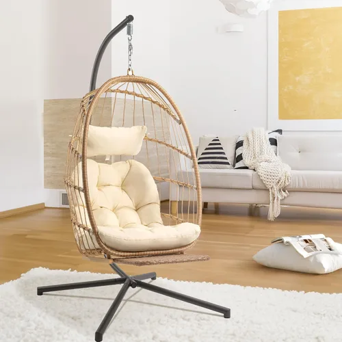 Silla colgante de huevo con soporte y reposapiés para interiores y exteriores, sillas de huevo de patio, silla hamaca de mimbre, marco de acero de