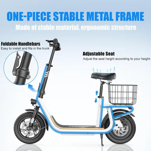 Vista 14 de Caroma Electric Scooter with Seat, Max 30 Miles Range&20MPH Speed, Peak 800/1200W Motor, Foldable Electric Scooter for Adults and Teens, Commuter E
