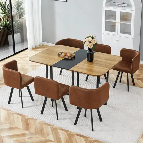 Vista 8 de Dining Table Set for 6, 60" Faux Marble and Wood Kitchen Table with 6 PU Leather Chairs,Modern Retangular Dining Table Set for Kitchen,Living Room