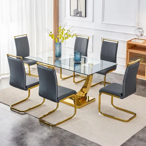 Vista 10 de Juego de mesa de comedor de 63 pulgadas para 4, juego de mesa de comedor dorado moderno para 4, juego de mesa de cocina de mármol sintético