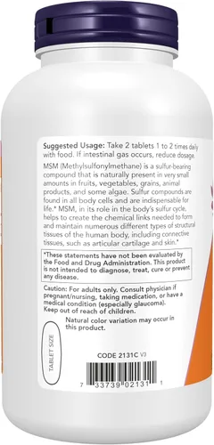 Vista 3 de NOW Suplementos, MSM (Metilsulfonilmetano) 1,500 mg, Apoya el cartílago saludable*, Salud de las articulaciones*, 200 tabletas
