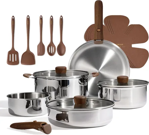 CAROTE Juego de utensilios de cocina de acero inoxidable de 19 piezas con mango desmontable, juego de ollas y sartenes, juegos de cocina de
