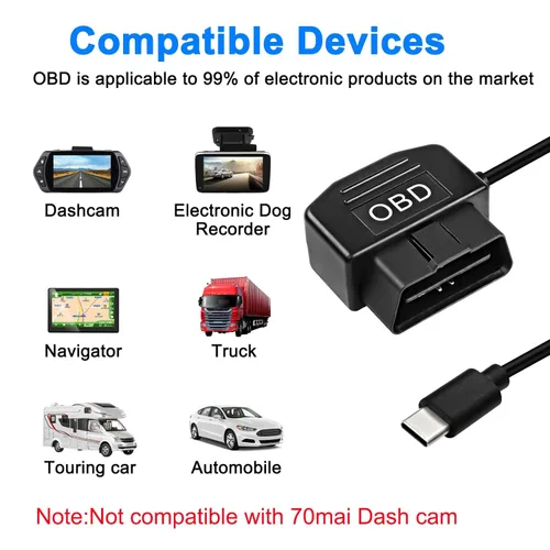 Vista 6 de XMSJSIY Cable de alimentación OBD para cámara de tablero tipo C OBD2 adaptador de cable de alimentación Cable de carga de cable duro con conector