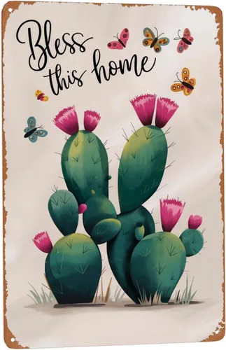 Decorative Bless This Home Cactus Succulent Plants metal tin sign 8x12 inch wall decor for indoor spaces, bar, man cave, cabin and rustic home