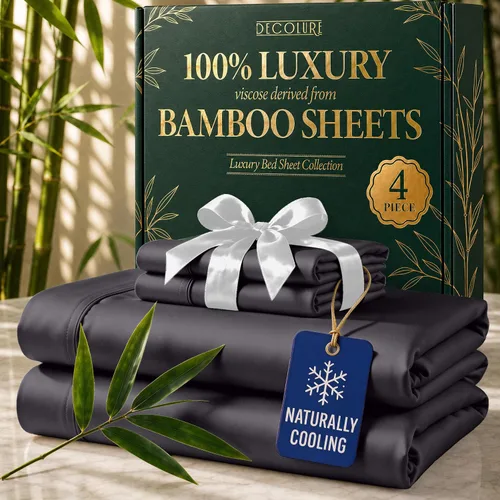Vista 17 de DECOLURE Sábanas de Viscosa 100% Derivada de Bambú Tamaño Full - Juego de Sábanas de Lujo de 6 Piezas Naturalmente Refrescantes, Ultra Suaves Negro