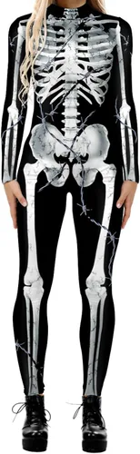 Vista 23 de Disfraz de esqueleto de calavera para mujer, overol de una pieza para Halloween 3D printed skull skeleton robot costume, Back zipper closure