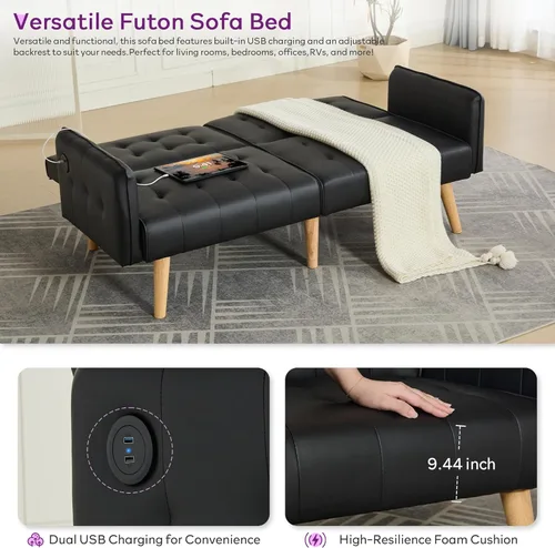 Vista 7 de TYBOATLE Faux Leather Convertible 65'' Folding Futon Sofa Bed w/ 2 USB, Loveseat for Small Space, Apartment, Dorm, Living Room, Office, Black