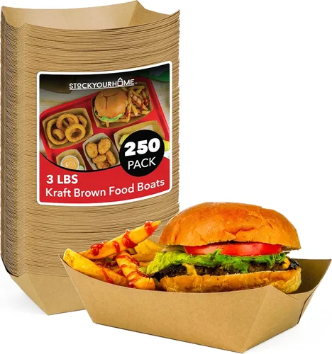 Vista 10 de Paquete de 250 bandejas desechables grandes de papel kraft marrón para alimentos, bandeja de concesión de 2 libras, botes para servir aperitivos