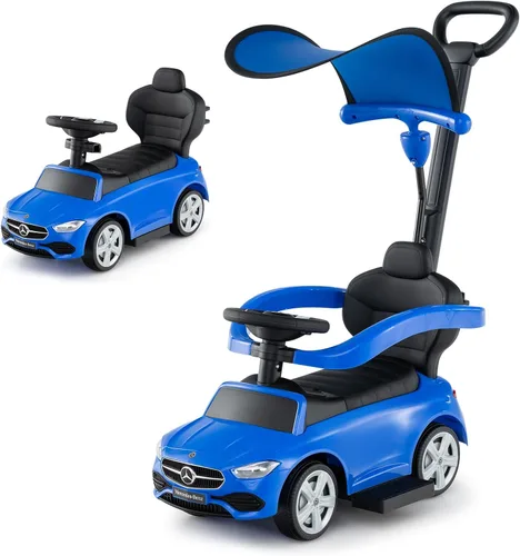 Costzon Coche de empuje para niños pequeños, 3 en 1 Mercedes Benz Cochecito deslizante caminador con toldo, mango, barra de seguridad, sonido de Azul