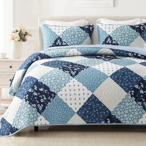 Exclusivo Mezcla Juego de edredón reversible bohemio tamaño King, 3 piezas de retazos azules para todas las estaciones, juego de ropa de cama floral
