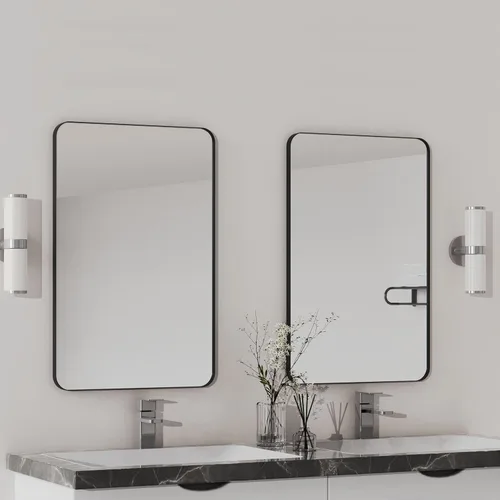 Paquete de 2 espejos de baño de 22 x 30 pulgadas, espejo rectangular redondeado con marco de metal negro, espejo de tocador de pared de granja