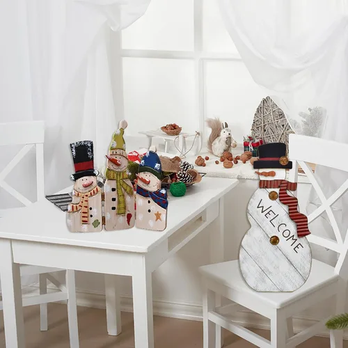Vista 4 de E-view Decoraciones navideñas de madera con diseño de muñeco de nieve, decoración del hogar, plegable de madera, triple muñecos de nieve, adornos