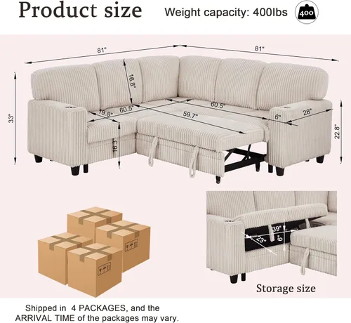 Vista 2 de ERYE L-Shaped Convertible Sofa Bed W/Pull Out Sleeper Couch Bed, 81" Plush Corduroy Sectional Couch with Symmetrical Corner Sectional Sleeper Sofa