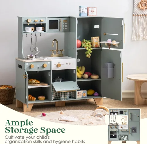 Vista 3 de ROBUD Juego de Cocina de Juguete, Cocina de Madera con Máquina de Hielo, Refrigerador, Cafetera, Horno, Lavavajillas, Microondas, Accesorios
