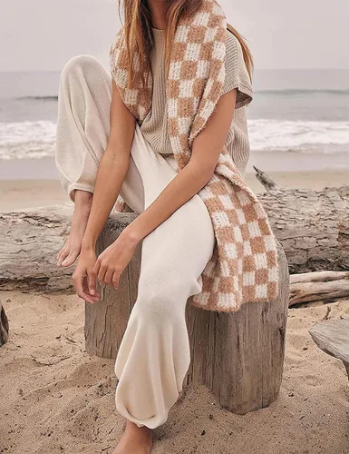 Vista 2 de Watashi Conjunto de dos piezas para mujer, suéter de punto, pantalones de cintura alta, acogedor conjunto de descanso con manga casquillo