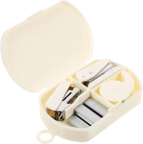 STOBOK Mini carpeta, mini grapadora, 2 juegos de caja de herramientas de mano, perforadora de agujero de metal blanco, escritorio multifunción,