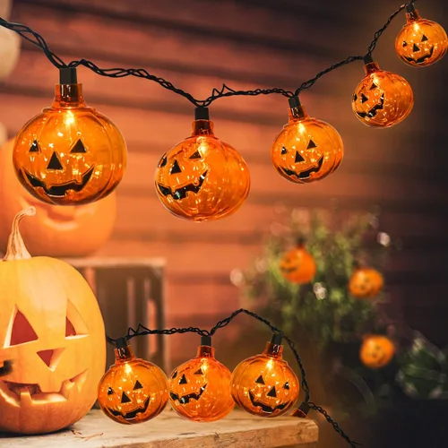 Vista 6 de Guirnalda de luces LED de Halloween de 8.5 pies con 10 luces sonrientes de calabaza Jack O Lantern, linterna LED para fiesta en casa, patio