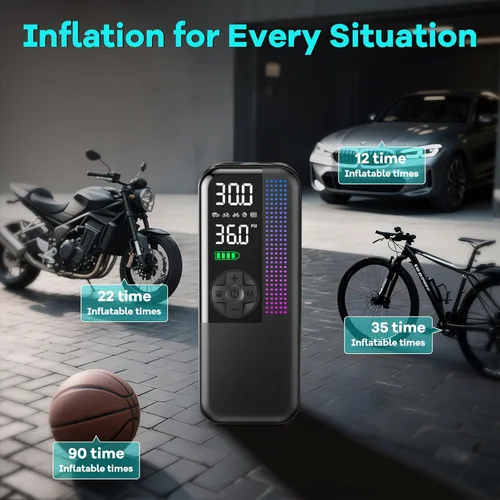 Vista 4 de Inflador de neumáticos, compresor de aire portátil, bomba de aire inalámbrica de 150 PSI, potencia dual de 6000mAh, enchufe de coche de 12V CC