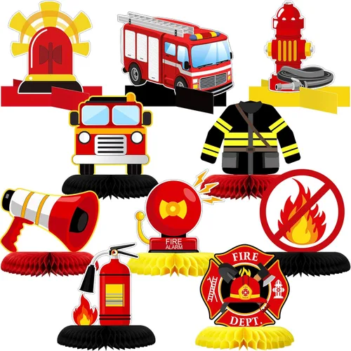 Epakh 10 piezas de decoración de fiesta de cumpleaños con tema de camión de bomberos, suministros de mesa con tema de camión de bomberos, centros de