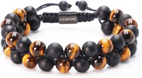 Premium Tiger Eye Bracelet Gift for Men, HASKARE Energy Protection Crystal Real Tigers Eye Black Onyx Beads Bracelets, Handmade Crystal Bracelet Men