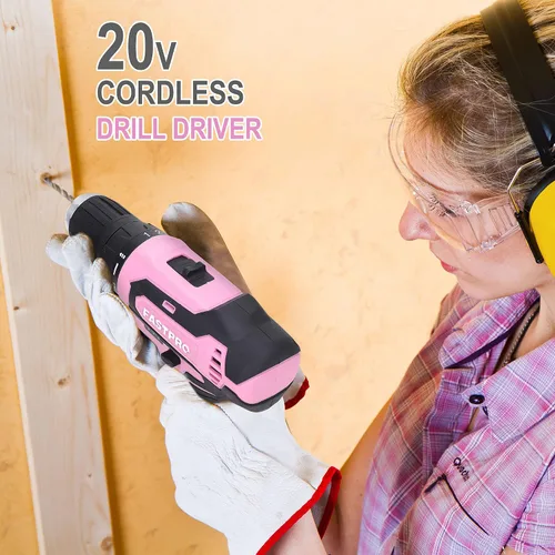 Vista 4 de FASTPRO Juego de herramientas para el hogar y taladro de iones de litio inalámbrico de 177 piezas de 20 V rosa con taladro en estuche