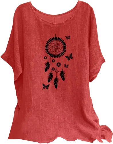 Camisetas de lino para mujer, talla grande, cuello redondo, manga corta, estampado de moda, ligeras, suaves, trajes de playa de verano