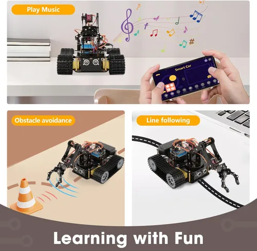 Vista 6 de Robótica para niños de 12 a 16 años, brazo robot inteligente ACEBOTT con 5DOF + auto tanque, kit de codificación de juguetes STEM compatible