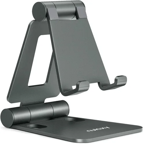 Vista 12 de Nulaxy Soporte plegable doble para teléfono celular, totalmente ajustable, plegable, soporte para teléfono de escritorio, base compatible con iPhone