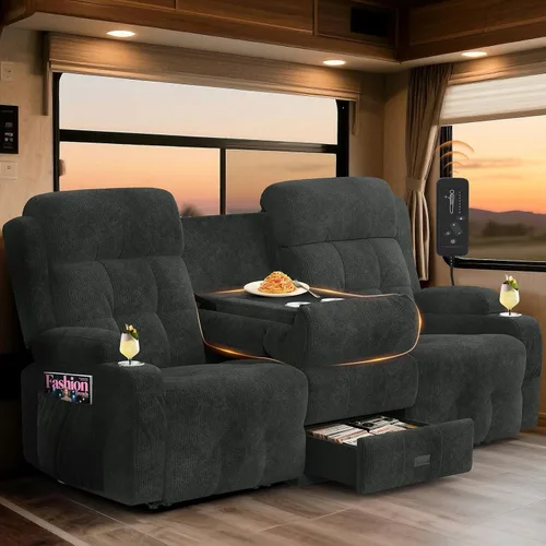 Vista 19 de Sofá reclinable para autocaravana, sillón reclinable de gran tamaño de 3 plazas con respaldo central abatible, cajones y portavasos, cama