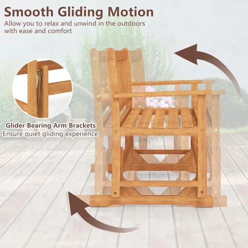 Vista 6 de Tangkula Banco planeador de madera de acacia para 2 personas, resistente 800 libras, sofá biplaza mecedora para patio con asiento y respaldo