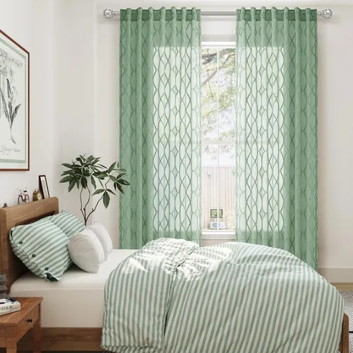 Vista 7 de Cortinas transparentes verde agua de 84 pulgadas de largo, 2 paneles con pompones y textura, cortinas de gasa con patrón bordado geométrico