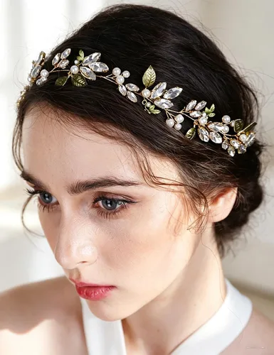 Diadema de flores lindas para novia, dama de honor, hoja verde, pedazo de pelo de cristal, cuentas de vid