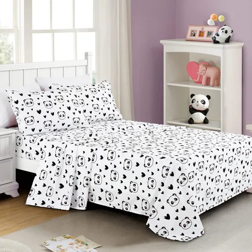 Chezmoi Collection Juego de sábanas de 3 piezas para niños y adolescentes, microfibra suave, color blanco y negro, estampado de corazones de panda,