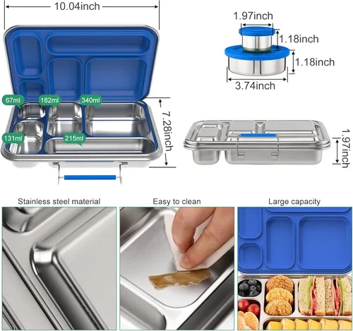 Vista 2 de Caja Bento de acero inoxidable para adultos y niños, lonchera de 5 compartimentos con 2 recipientes para salsa, contenedor de almuerzo Bento sin