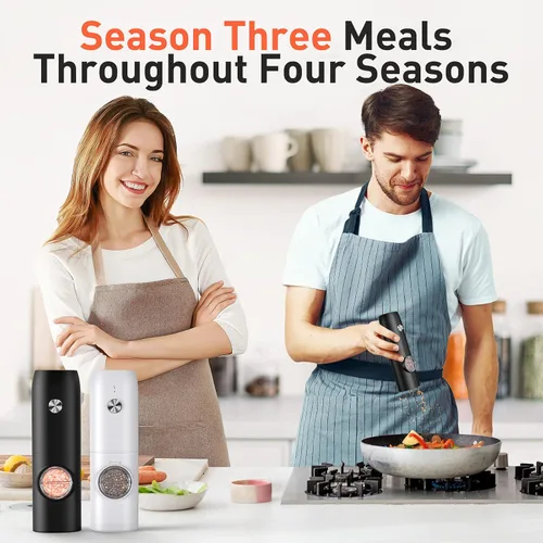 Vista 7 de Juego de molinillo eléctrico de sal y pimienta, molinillo de pimienta automático recargable con luz LED, agitador de grosor ajustable, operación