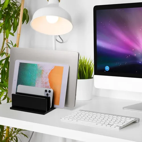 Vista 7 de Frienda 1 soporte vertical acrílico para portátil con 4 compartimentos, puede adaptarse con un grosor de menos de 0.8 in, se adapta a la mayoría