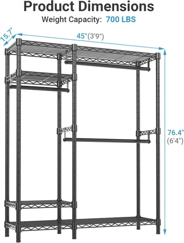 Vista 4 de VIPEK V2 Perchero de Ropa de Servicio Pesado, Percheros de Ropa de Metal Portátiles con 4 Niveles de Estantería de Alambre Ajustable y 3 Barras