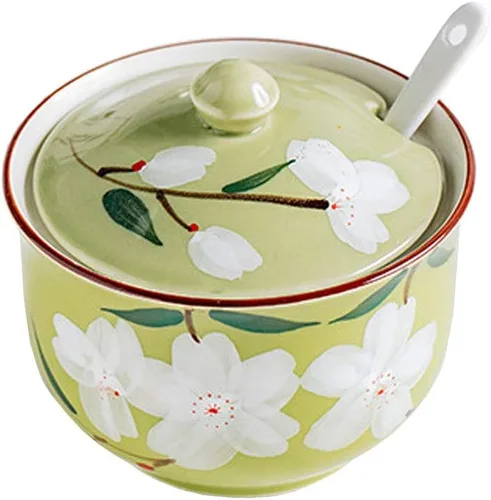 Vista 10 de Pintado a mano flor cerámica condimento tarro condimento olla azucarero con tapa y cuchara-azul